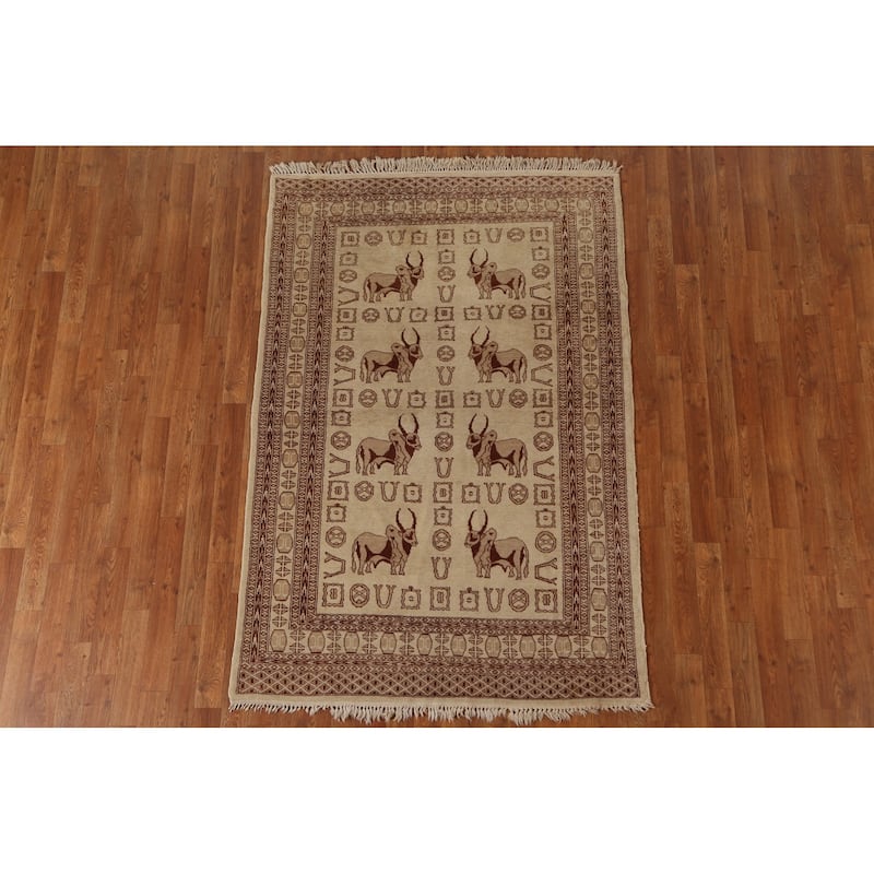 Hand Knotted Oriental 100% Wool Carpet Traditional Animal Pictorial Beige & Ivories Bokhara Area Rug - 6' 3'' X 4' 2''
