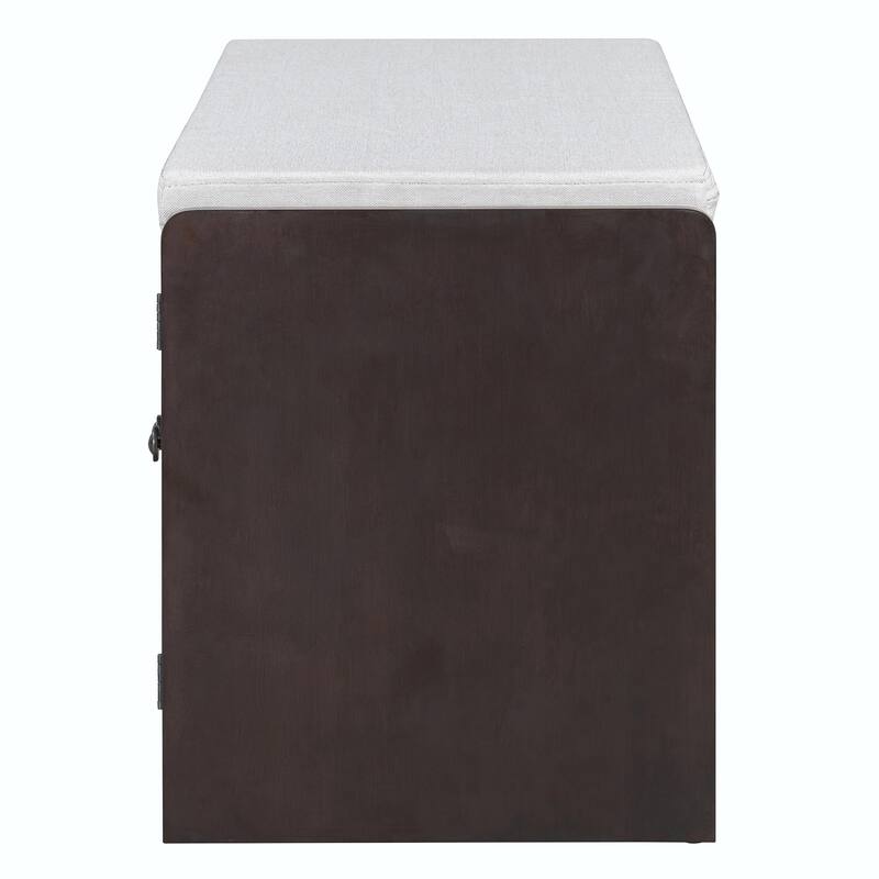 Rustic Storage Bench with Removable Cushion, Woven Rattan Doors & Adjustable Shelves