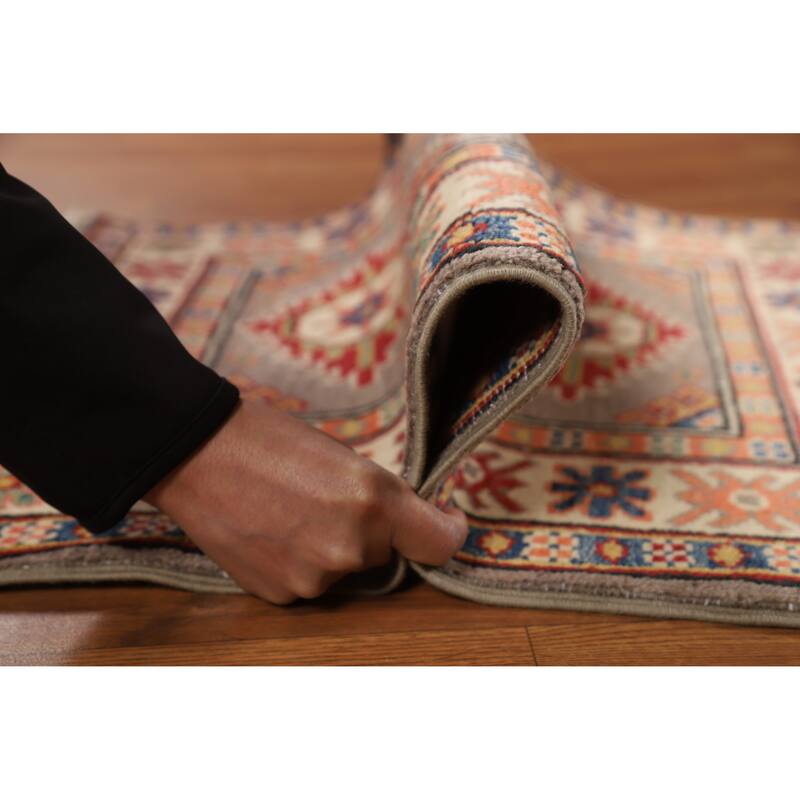 Geometric Kazak Oriental Rug Handmade Grey Wool Carpet - 2'0"x 3'0"