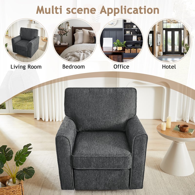 Chenille 360° Swivel Barrel Chair with Side Pockets, Ergonomic Support, and Removable Cushions