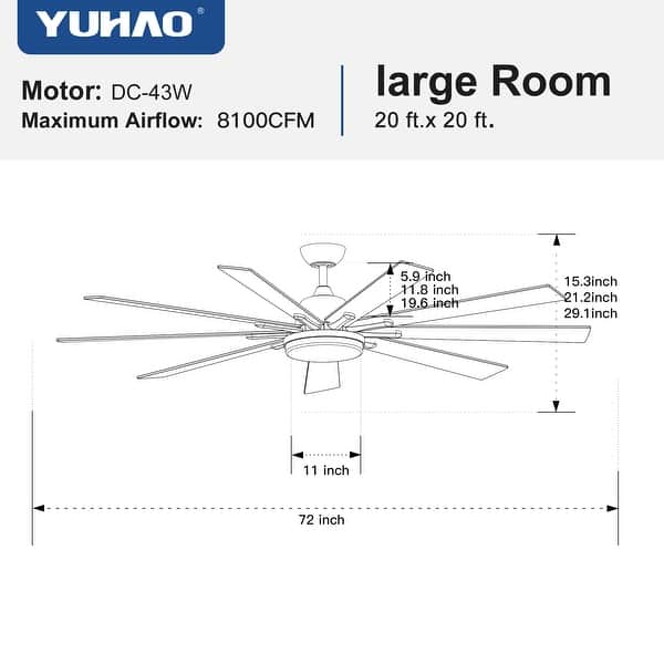 dimension image slide 8 of 19, Sofucor 52/66/72/76/84Inch Large Ceiling Fan with Dimmable LED Light ,Remote&APP Control,8 Blades for Large Living Room,Porch