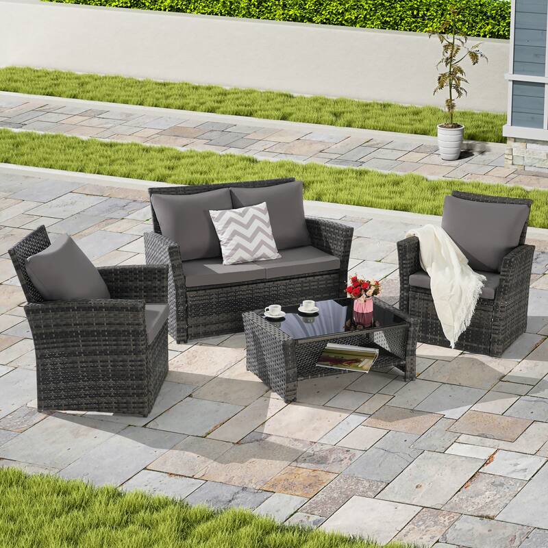 4 Piece Patio Furniture Set, Outdoor Rattan Wicker Sofa Set with Water Resistant Cushion and Tempered Glass Coffee Table