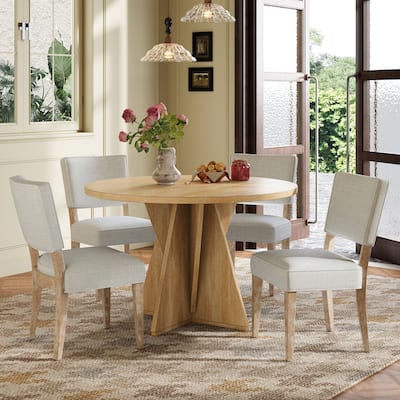 5 Piece Wood Round Dining Table Set with 4 Upholstered Chairs
