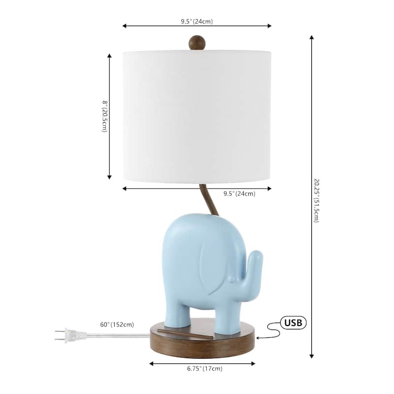 Campana 20.25" Bohemian Designer Iron/Resin Elephant LED Kids Table Lamp with Phone Stand and USB Charging Port, by JONATHAN Y