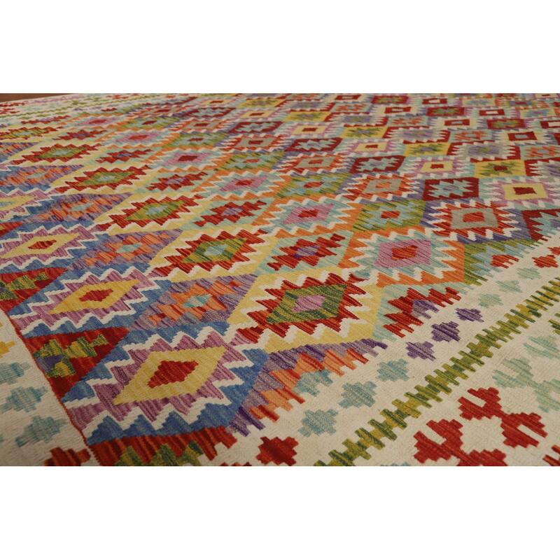 Reversible Geometric Kilim Area Rug Flatweave Wool Carpet - 8'9" x 11'3"