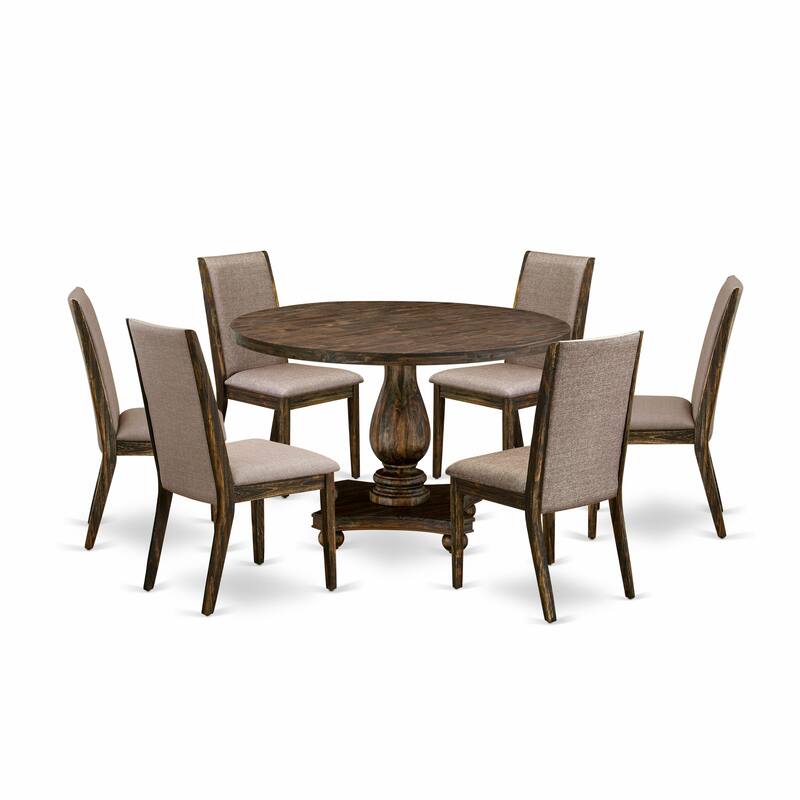 East West Furniture Dining Set- a Round Dining Table and Dark Khaki Linen Fabric Chairs, Distressed Jacobean (Pieces Option)