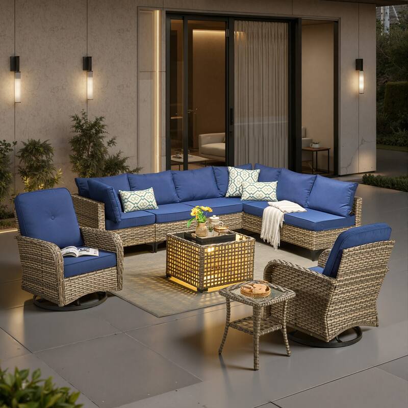HOOOWOOO 10-piece Patio Wicker Furniture Sectional Set Swivel Rocking Chair Set - Navy Blue
