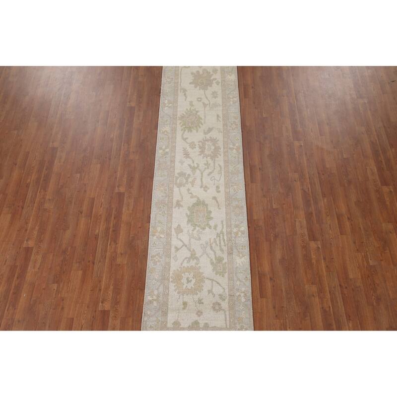 Hand Knotted Oriental 100% Wool Carpet Transitional All-Over Beige & Ivories Oushak Runner Rug - 11' 7'' X 2' 7''