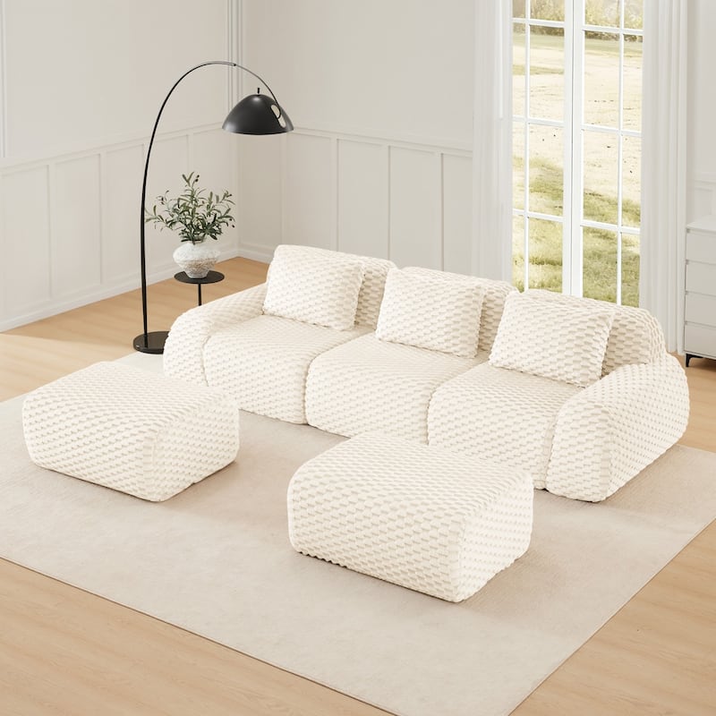 114" Flannelette Modern U-Shaped Modular Boneless Sectional Sofa with Ottoman - Cream