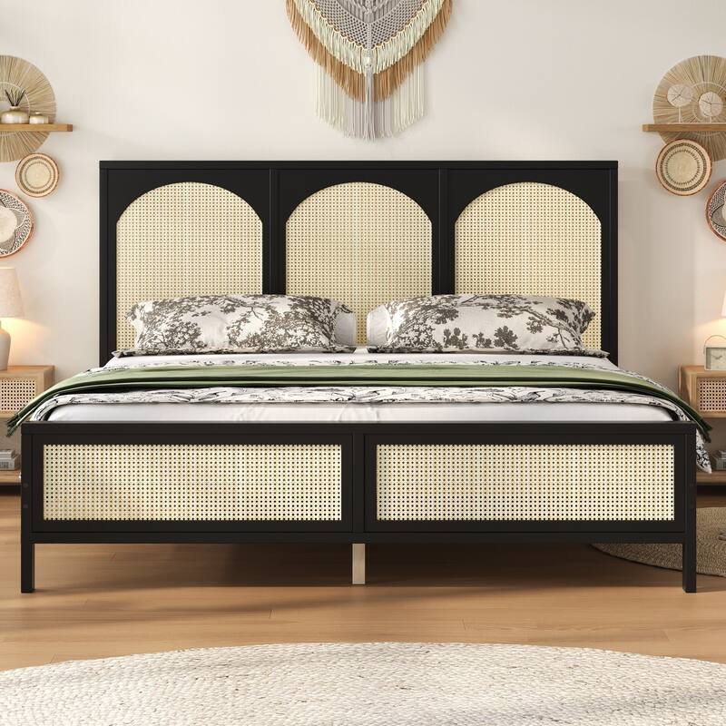 GDFStudio - Modern Wooden Platform Bed with Rattan Headboard and Footboard - Black+Beige - Queen
