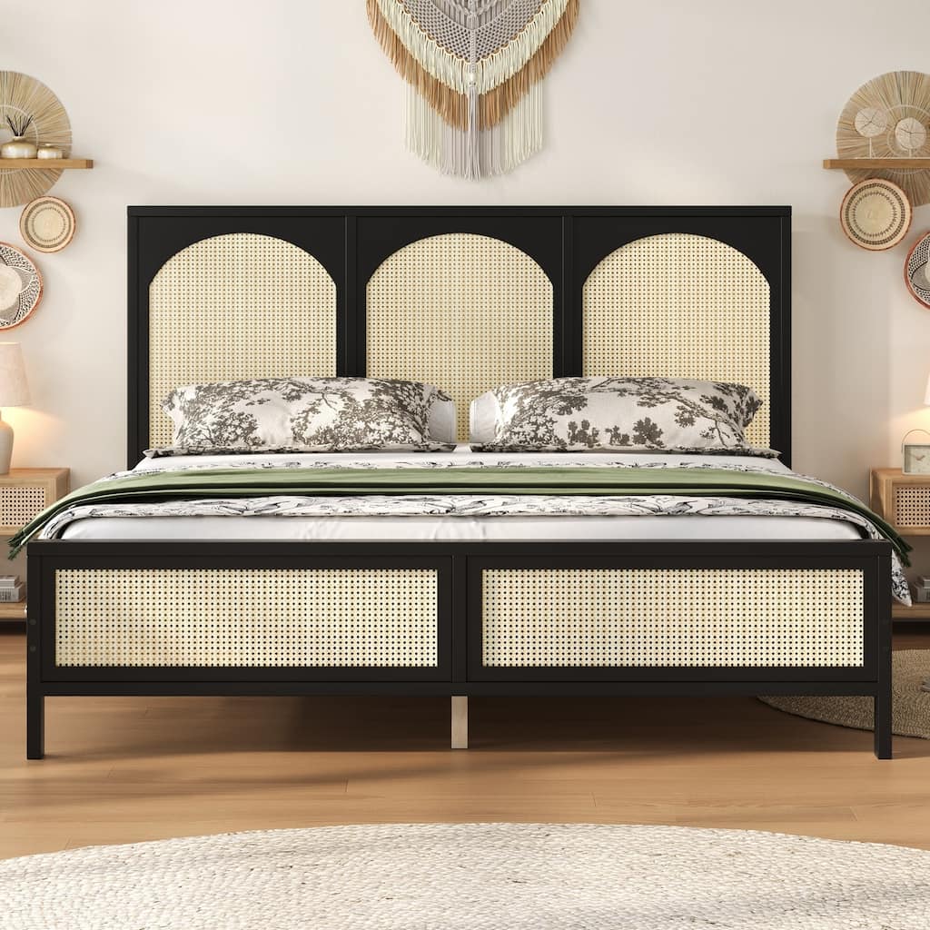 Wood Platform Bed Frame with Rattan Decorations Headboard & Footboard, Slat Support System, No Box Spring Needed, Easy Assembly