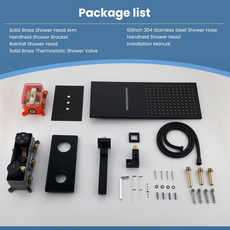 Digital Display Thermostatic Complete Shower System with Rough in-Valve, Rain Shower Faucet Set
