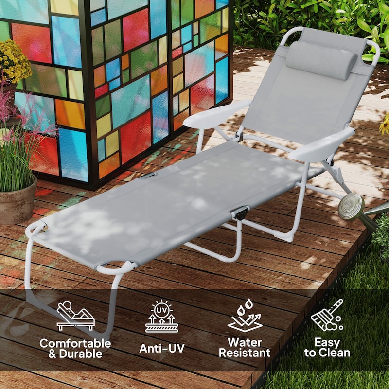 Foldable Adjustable Chaise Lounge Chair with Pillow and Armrests Portable Mesh Sun Lounger for Patio Poolside and Backyard