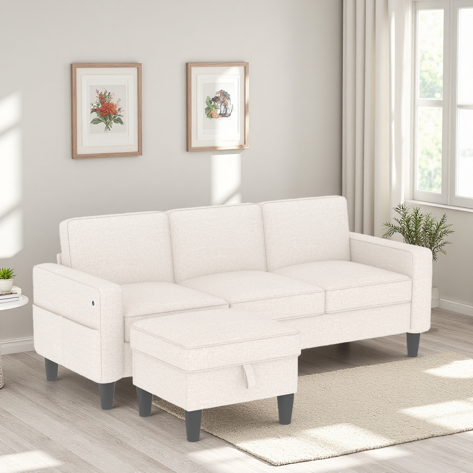 77.95" Linen Reversible Modular Sectional Sofa with Storage Ottoman and USB Pocket