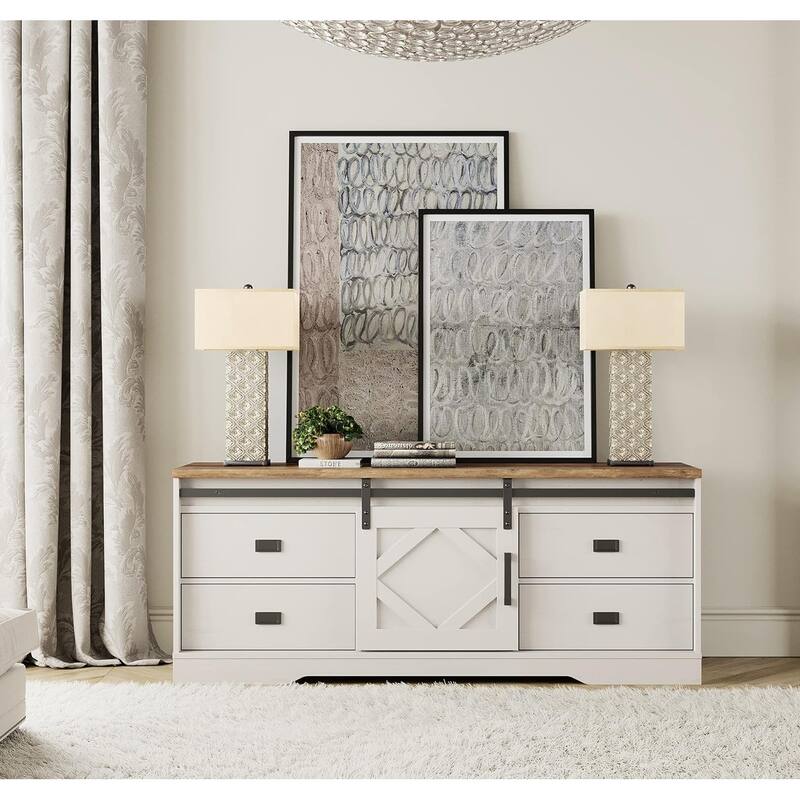 WAMPAT Farmhouse TV Stand with Sliding Barn Door for Living Room