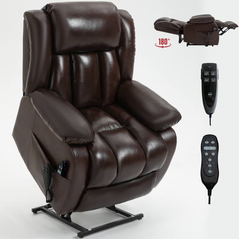 Brown Medium Electric Power Lift Recliner in Genuine Leather with Dual Motors, 8-Point Massage, Lumbar Heat
