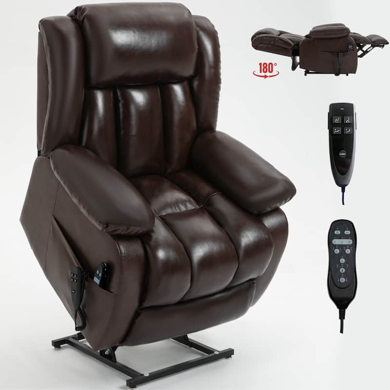 Brown Medium-Sized Electric Power Lift Recliner Chair in Genuine Leather with Dual Motors, 8-Point Massage, Lumbar Heating