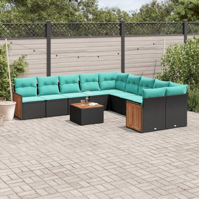 vidaXL 10/11 Piece Patio Sofa Set with Cushions Black/Gray Poly Rattan - 24.4 x 24.4 x 27.2 - Black With table