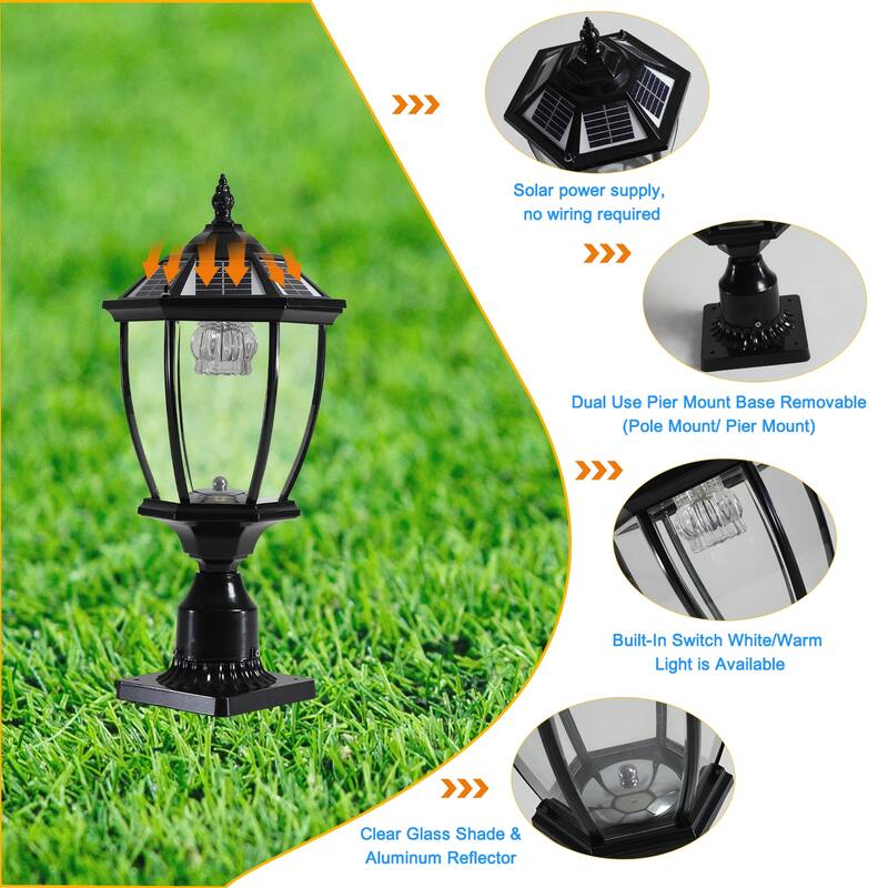 1-Light Black Aluminium Solar Outdoor Post Light Set Column Headlights