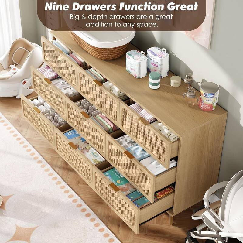Rattan 9 Drawer Dressers TV Stand for Bedroom Living Room
