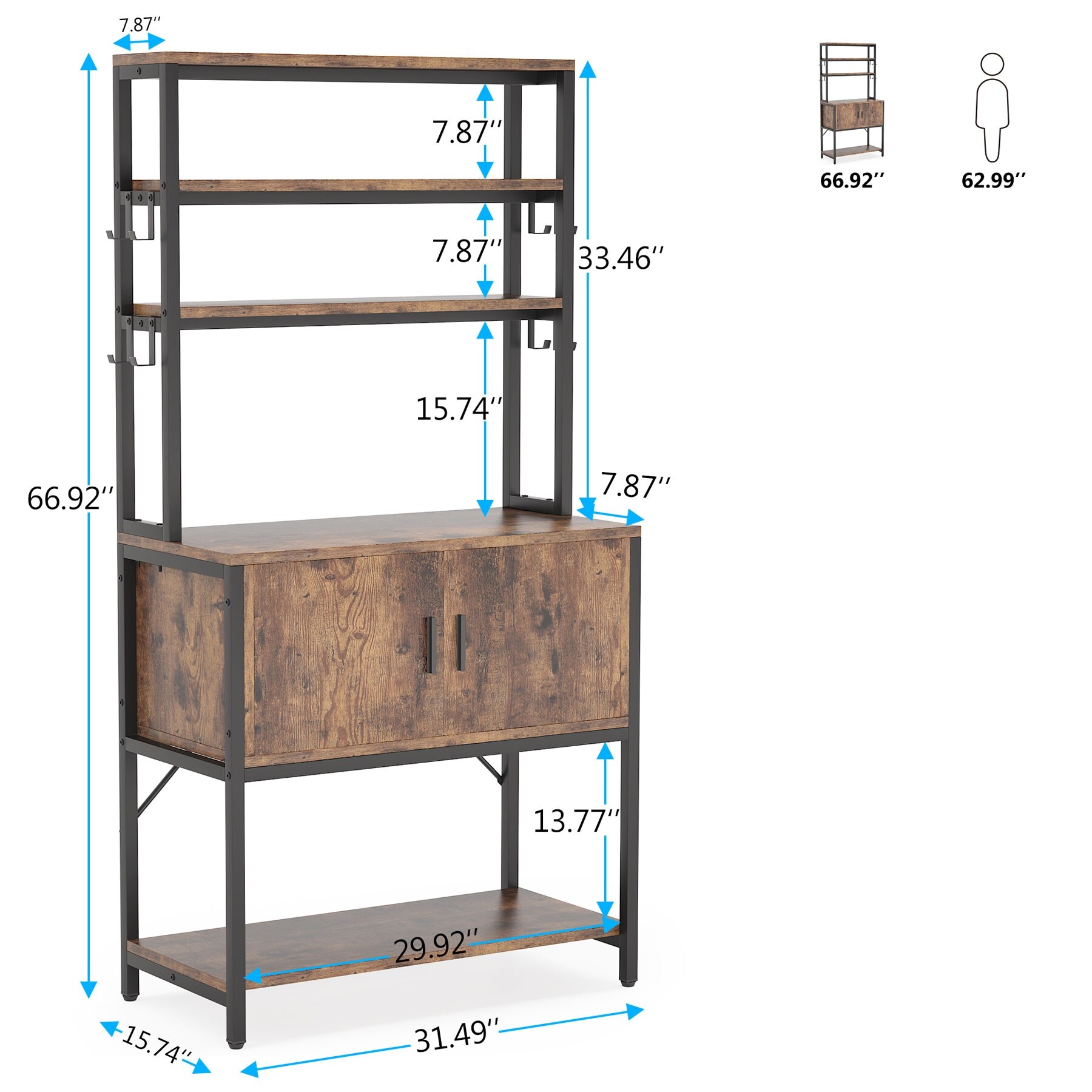 Industrial Kitchen Bakers Rack with Hutch, Cabinet, Shelves & 8 Hooks - 31.49"(W)*15.74"(D)*66.92"(H)