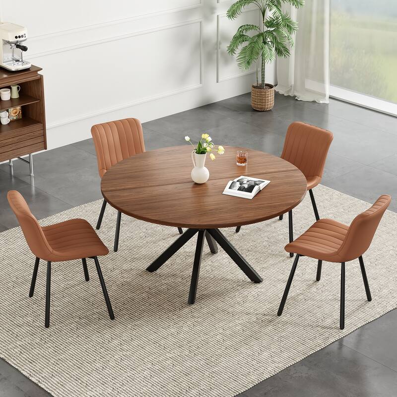 47.2" Solid Wood Round Dining Kitchen Table for 4-6 People with Intersecting Pedestal Base - Walnut