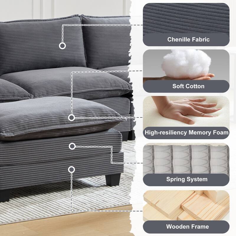 Oversized Modular Sectional Sofa with Ottoman, 102 Inch 4 Seat Corduroy L Shaped Couch for Living Room
