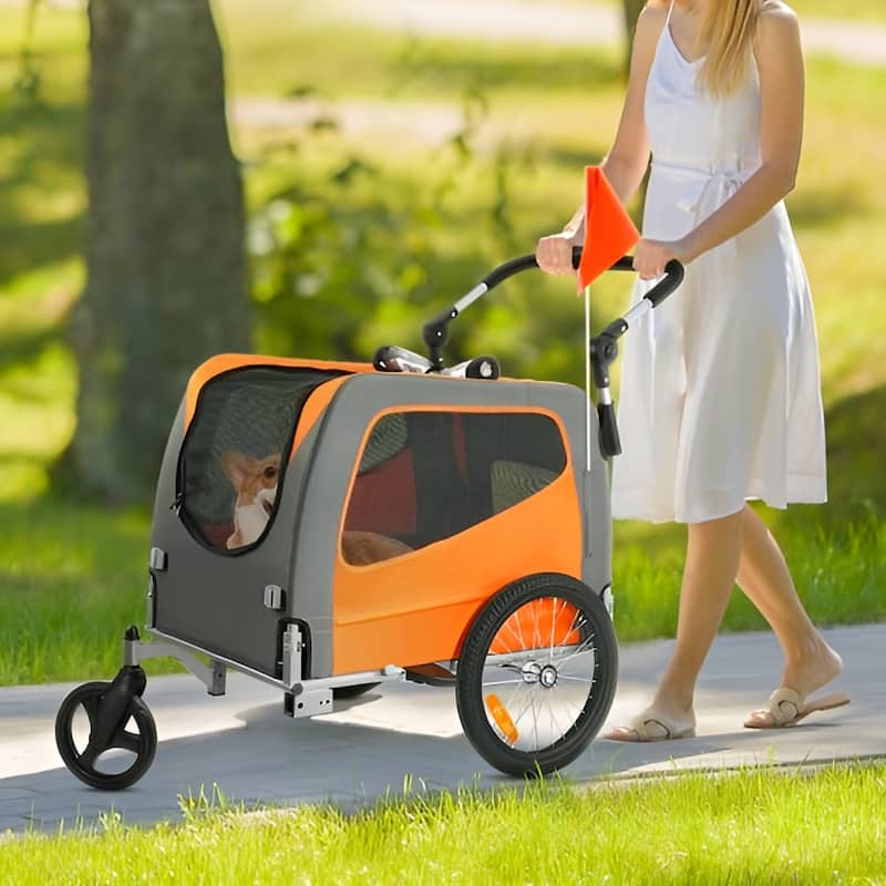 Orange-Grey Steel Pet Stroller Trailer, 2-in-1, Foldable, 66lb Max Capacity - 30.1" L x 21" W x 20.8" H