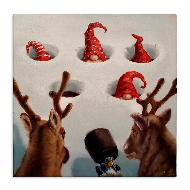 Stupell Holiday Whack an Elf Christmas Reindeer Humor Canvas Wall Art - Off-White - 17 x 17