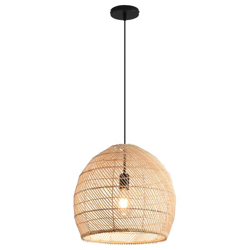 1-Light Coastal Style Brown Hand-Woven Rattan Cloche Hanging Pendant Light - 15.7" W x 62.9" H