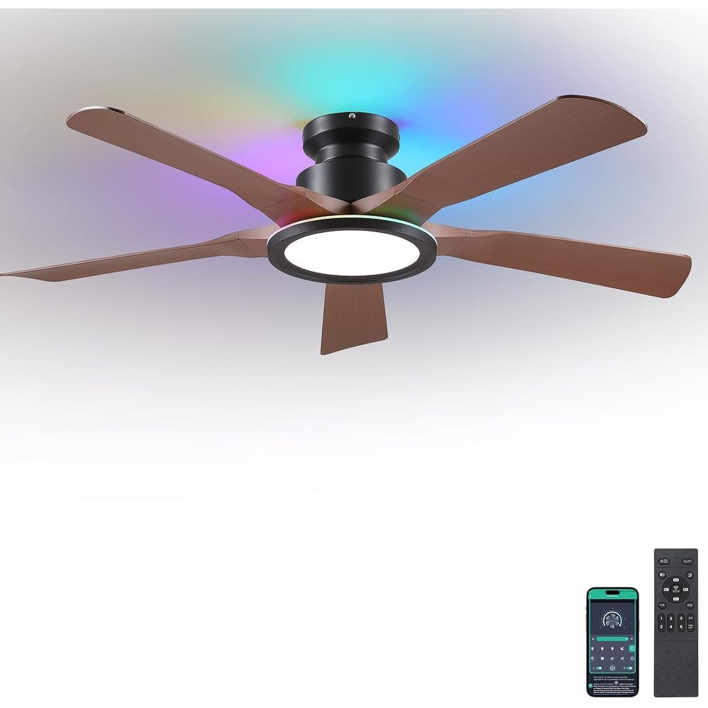 52 Inches RGB Flush Mount Ceiling Fan with Light,Reversible DC Motor for Bedroom Living Room Patio