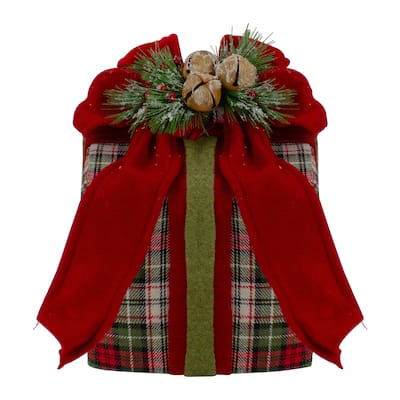 9" Red and Green Plaid Christmas Present Decoration with Bow