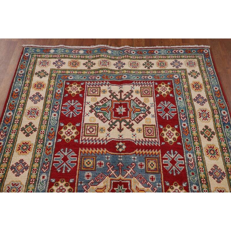 Geometric Red Kazak Area Rug Handmade Oriental Wool Carpet - 4'0" x 6'3"
