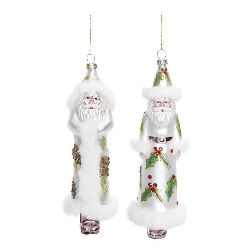 Transpac Glass Holly/Pinecone Santa Set of 2 Christmas Home Decorations