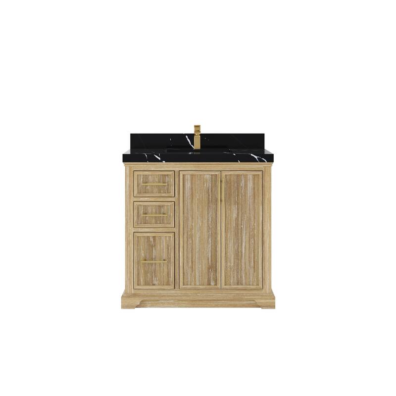 Willow Collections 36 x 22 Alys Solid Teak Center Sink Right Bathroom Vanity with Countertop - 2”Calacatta Black - Whitewashed