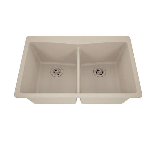 slide 2 of 8, 33 Inch Lexicon Platinum Quartz Composite Drop-in Undermount Double Bowl Galaxy Beige Kitchen Sink LP-800TM-B-SO Galaxy Beige