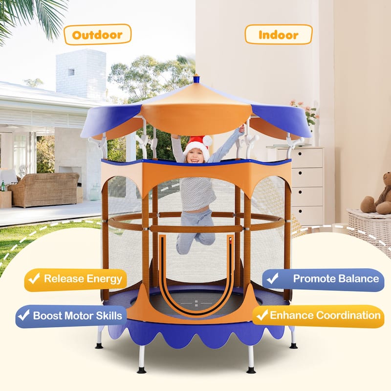 Gymax 64'' Kids Trampoline w/ Detachable Canopy Safety Enclosure Net