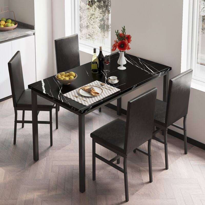 Grondin Modern Contemporary 5 Pieces Dining Table Set with Faux Marble Top and 4 PU Leather Upholstered Chairs