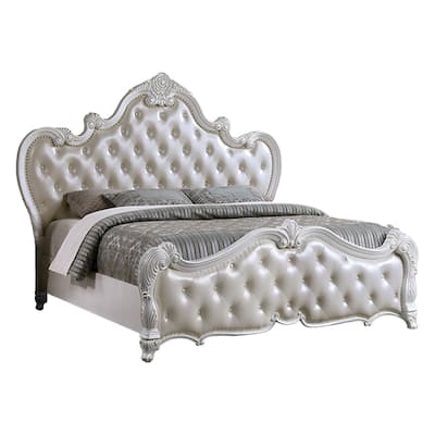 Venta King Size Bed, Pearl White Button Tufted Faux Leather Upholstery