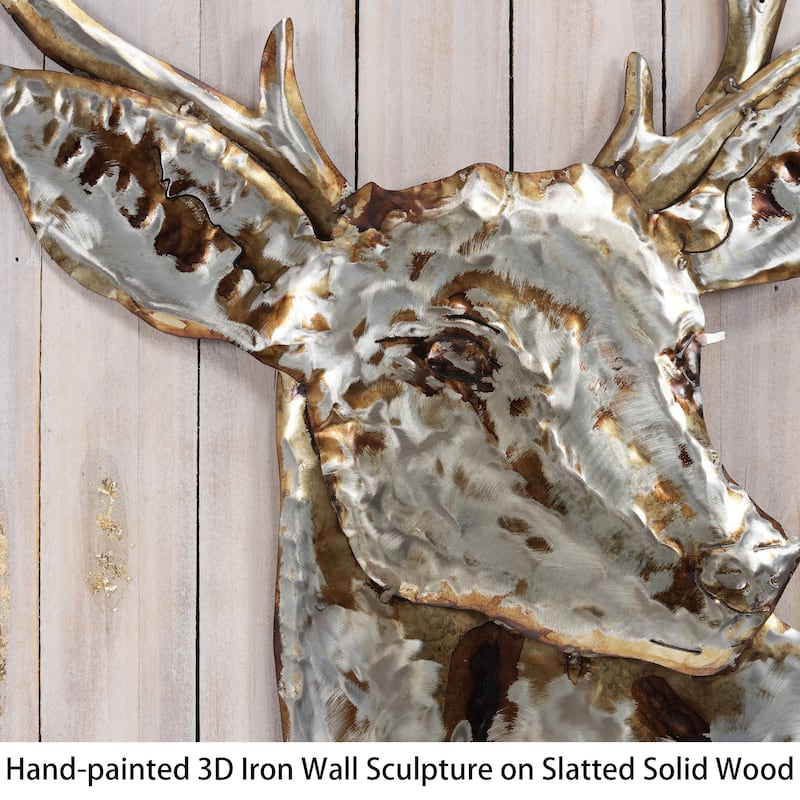 Iron Deer on Slatted Solid Wood Wall Sculpture Set of 2