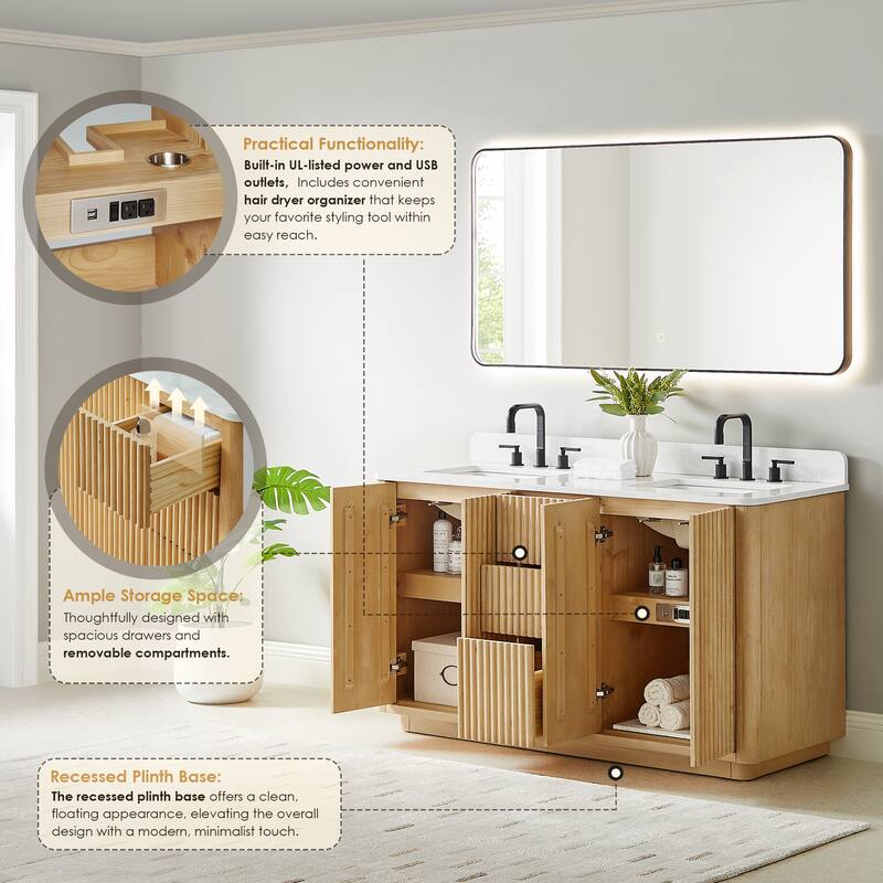 Clayton Bathroom Vanity in Washed Light Brown with Grain White Engineered Stone Countertop without Mirror