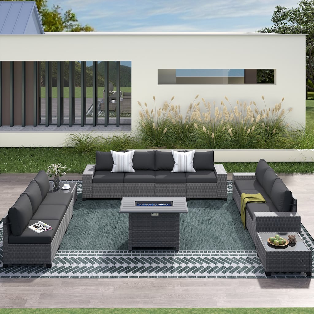 13-Piece Outdoor Rattan Sectional Sofa Set with Fire Pit Table with Free Bonus Blue Cushion Covers