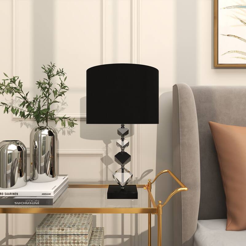 Clear Crystal Geometric Diamond Inspired Room Table Lamp with Black Crystal Base and Black Shade