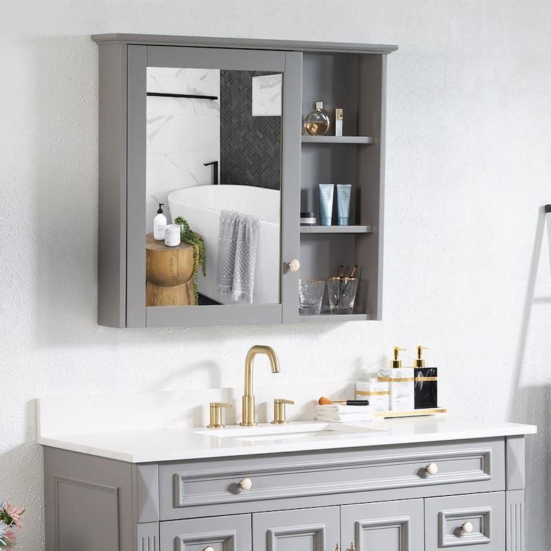 Modern Surface Mount Solid Wood Framed Medicine Cabinet With Mirror and Shelves