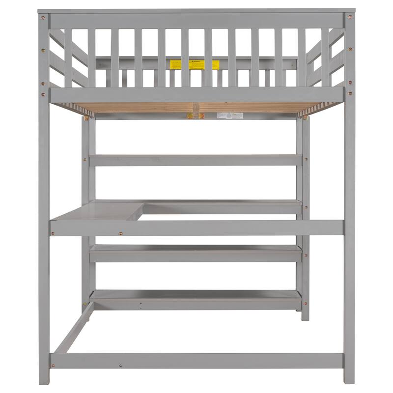 Full/Twin Loft Bed with Integrated Desk and Shelves, Space-Saving Wooden Frame, Durable Pine Wood and MDF, Guardrails Included