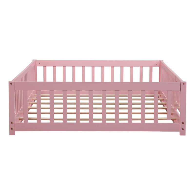 Full size Floor Platform Bed with Fence and Door, White