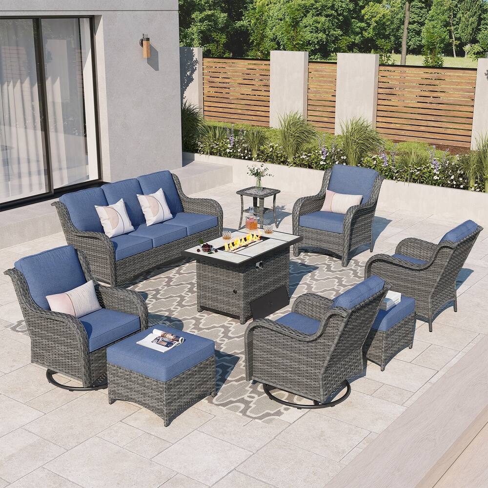 OVIOS 9-piece Patio Wicker Swivel Rocking Chair Set With Fire Pit