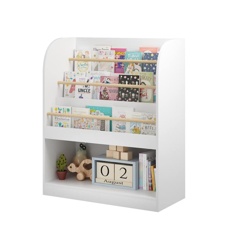Anmytek 3-Tier Kids Bookcase with Storage Bin, Front-Facing Display for Toddlers, White with Wooden Guardrails