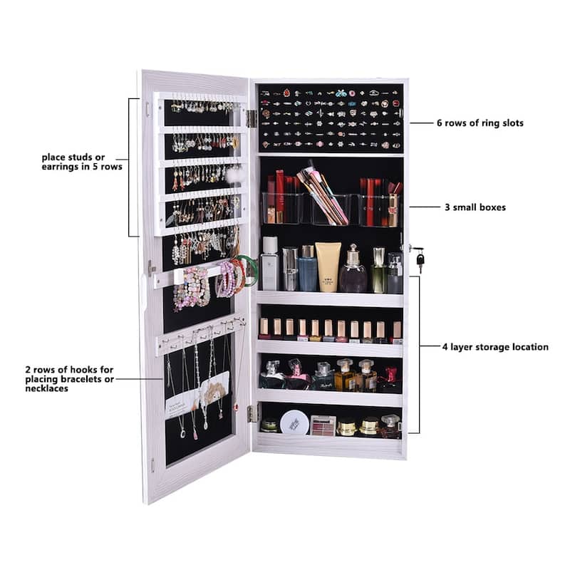 Whole Surface Mirror Wall Hanging Lockable White Jewelry Cabinet