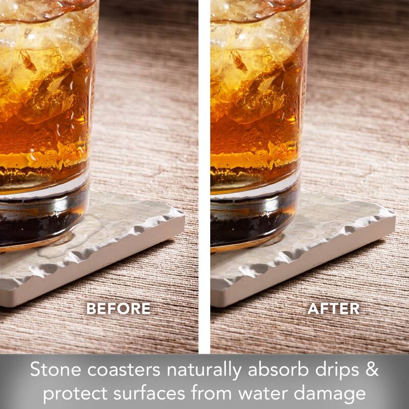 Deco Fleur 4-Pack Absorbent Stone Coasters with Protective Cork Backing 4" Square Made in The USA Easily Wipes Clean